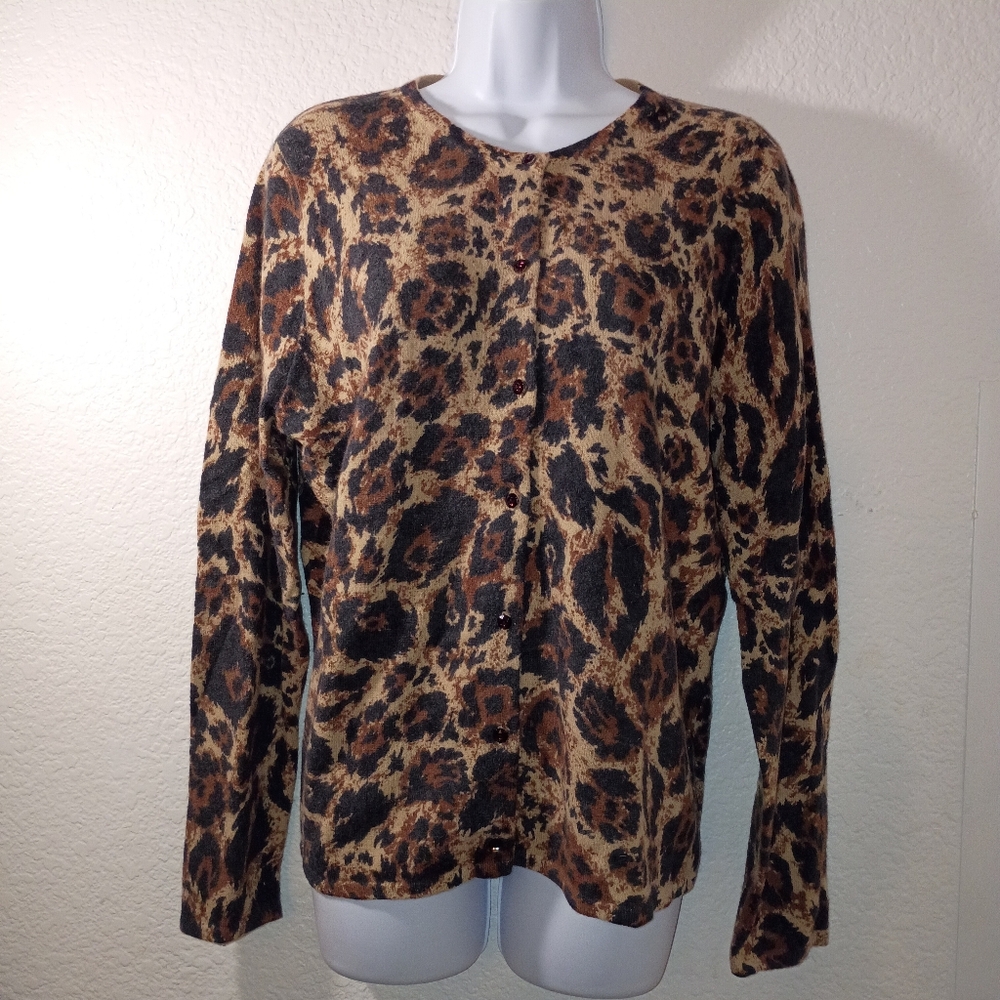 Carole Little Leopard Print Wool Blend Cardigan Sweater Size Large